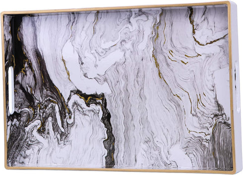 Zosenley Decorative Tray, Marbling Plastic Tray with Handles, Rectangular Vanity Tray and Serving Tray for Bathroom, Kitchen, Ottoman and Coffee Table, 15.6? x 10.2?, White