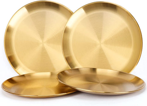 304 Stainless Steel Dinner Plate, Rutian 9" Metal Round 18/8 Dinner Dishes for Adults, Reusable and Dishwasher Safe, Serving Camping Salad Plate for Home,Outdoor Camping, Snack,and BBQ,Set of 4