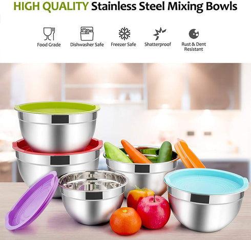 Mixing Bowls with Lids Set of 5, E-far Stainless Steel Mixing Bowls Metal Nesting Bowls with Airtight Lids, Non-toxic & Dishwasher Safe, Great for Cooking, Baking, Serving - Size 0.7/1/1.5/3/4.5QT
