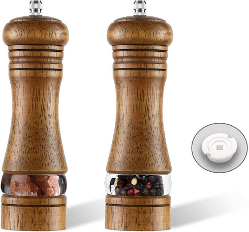 2-Piece Salt and Pepper Grinder Set, 6.5 Inch Wooden Salt and Pepper Mills with Adjustable Coarseness, Refillable Manual Pepper Mill Grinder for Home Cooks (Brown)