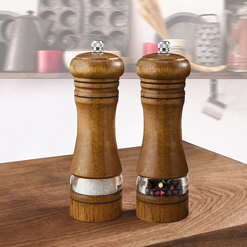 2-Piece Salt and Pepper Grinder Set, 6.5 Inch Wooden Salt and Pepper Mills with Adjustable Coarseness, Refillable Manual Pepper Mill Grinder for Home Cooks (Brown)