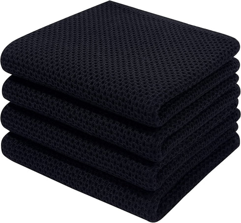 Homaxy 100% Cotton Waffle Weave Kitchen Dish Towels, Ultra Soft Absorbent Quick Drying Cleaning Towel, 13x28 Inches, 4-Pack, Black