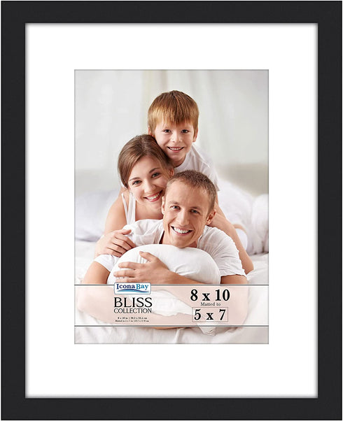 Icona Bay 8x10 Black Picture Frame with Removable Mat for 5x7 Photo, Modern Style Wood Composite Frame, Table Top or Wall Mount, Bliss Collection