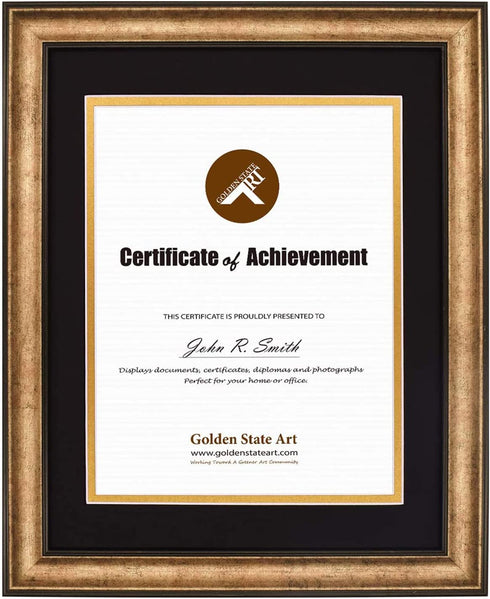 Golden State Art, 11x14 Vintage Antique Style Gold Frame for 8.5x11 Diploma/Certificate, Sawtooth Hangers for Wall Mounting with Real Glass, Black Trim (Black/Gold Double Mat)