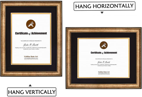Golden State Art, 11x14 Vintage Antique Style Gold Frame for 8.5x11 Diploma/Certificate, Sawtooth Hangers for Wall Mounting with Real Glass, Black Trim (Black/Gold Double Mat)