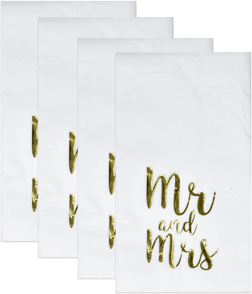 100 Mr and Mrs Guest Napkins Disposable Paper Pack 3 Ply Elegant Dinner Hand Napkin with Metallic Gold Foil For Bathroom Bedroom Wedding Reception Anniversary Birthday Baby Shower Decorative Towels