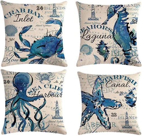 ULOVE LOVE YOURSELF Sea Throw Pillow Covers Only Ocean Theme Seahorse-Octopus-Starfish-Crab Pattern Beach House Decorative Cushion Cover Coastal Pillowcases 18—18,4Pack (Ocean Theme)