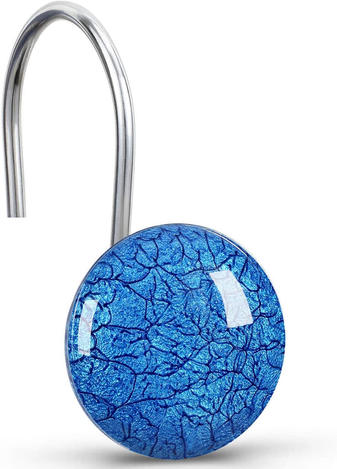 CHICTIE Blue Shower Curtain Hooks Rings,Set of 12 Decorative Marble Crack Shower Curtain Hooks,Stone Rustproof Shower Rings for Bathroom Curtains Rods