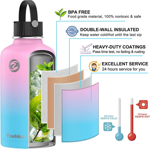 64 OZ Insulated Water Bottle with Straw & 3 Lids, Yoehka Vacuum Stainless Steel Thermos Mug, Double Wall Sweat-proof Sports Water Bottle to Keep Water Hot/Cold, with Cleaning Brush (Fantasy)