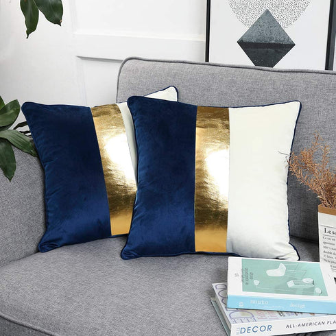 KACOPOL Navy Blue Beige Gold Leather Patchwork Velvet Throw Pillow Cover 20x20 Set of 2 Luxury Modern Home Decor Cushion Cover Decorative Pillow for Couch Living Room Bedroom Car (Navy Blue, 20x20)