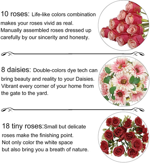 24 Heads Red Silk Flowers, Artificial Flowers Clearance, Fake Red Roses & Pink Daisies Flowers Bouquets for Indoor Home Decor, Flora Boutique by VOCOLO
