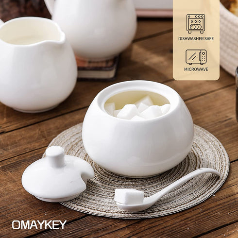 12 OZ Porcelain Sugar and Creamer Set Serving for Coffee Tea, 2 Pack Cream Pitcher with 1 Pack Sugar Bowl with Lid Spoon, White