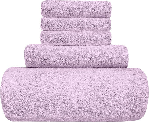 UMANI Bath Towel Set, 1 Bath Towel, 1 Hand Towel, and 3 Washcloths, Premium Microfiber Coral Velvet Super Absorbent Towels for Bathroom, Shower Towel, Pack of 5 (Light Purple)