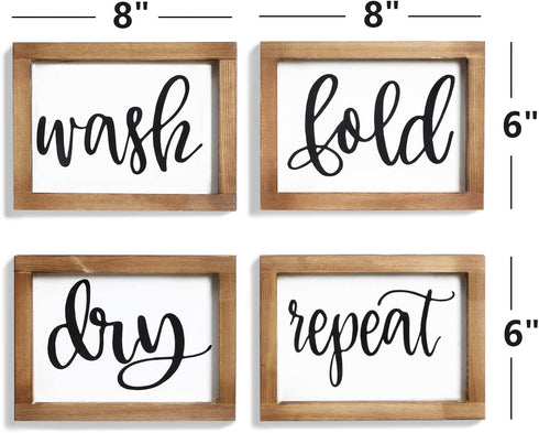 Mokof Laundry Room Decor Wash Fold Dry Repeat Mini Signs Set of 4, Farmhouse Laundry Room Decorative Sign Framed wood Wall Art, Laundry Shelf Decor, 6'' x 8'' (Brown Frame)