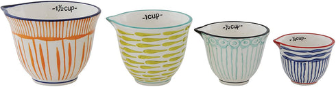 Creative Co-Op Hand Stamped Striped Stoneware Measuring Cups (Set of 4 Sizes/Designs)