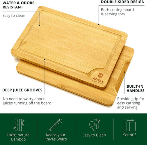 Wood Cutting Board Set - Bamboo Cutting Board with Juice Groove - Kitchen Chopping Board for Meat (Butcher Block) Cheese and Vegetables | Heavy Duty Serving Tray w/Handles (3-Pieces)