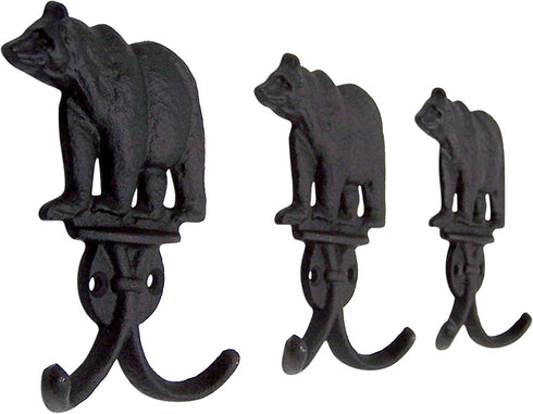 Rustic Black Bear Cast Iron Double Wall Hooks, Set of 3, 5.25 Inches