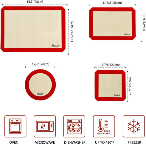 AMZOYO Set of 4 Silicone Baking Mats for the Oven - Includes Half, Quarter, Round, and Square Sheet Liners - 100% Non-Stick and Reusable - BPA Free and Heat Resistant - Washable and Dishwasher Safe