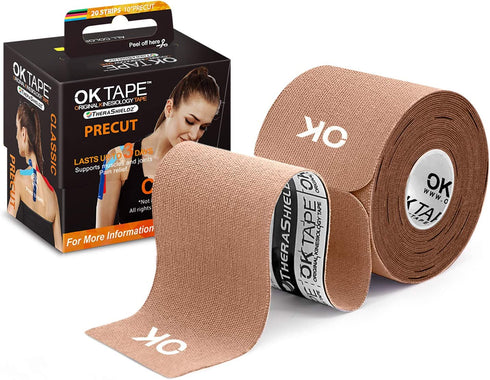 OK TAPE Kinesiology Tape 10 inches Precut, 20 Strips, Cotton Elastic Athletic Tape Latex Free, 2inch x 16ft, Beige