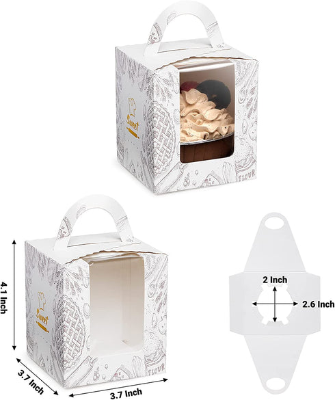 50Pcs Cupcake Boxes Individual,LittleDirigible Portable Single Cupcake Carrier with Window Insert Handle,Pastry Muffins Boxes for Wedding Birthday Party