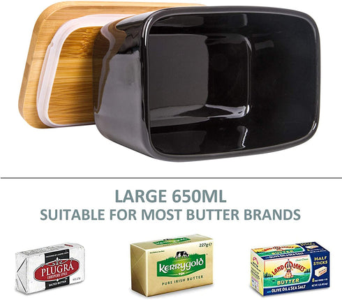 Arswin Butter Dish with Lid,Extra Large 650ml,Porcelain Keeper with Bamboo Lid Cover for 2 Sticks of Butter,Microwave Safe Easy Clean Butter Storage Container for Countertop Refrigerator (Black)