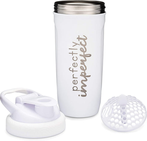 Stainless Steel Shaker Bottle with Motivational Quotes | 30oz Metal Protein Shaker Cup or Water Bottle with Fruit Infuser | Perfect Gym Fitness Gift | Stainless - Perfectly Imperfect