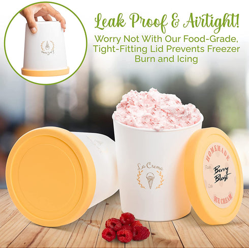 Ice Cream Containers (2-Pack-1 Quart each), Containers for Homemade Ice Cream, Gelato and Sorbet-Storage Containers with tight fitting Easy Remove Silicone Lids