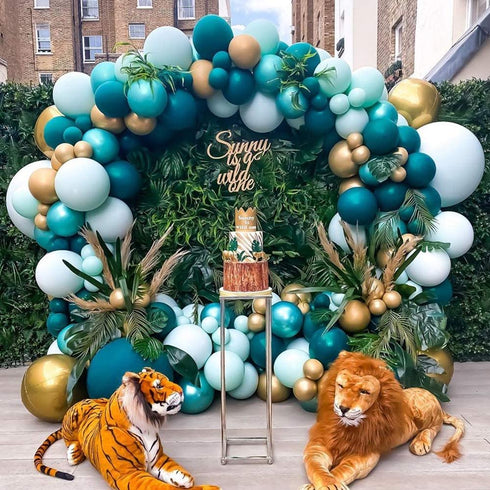 Jungle Safari Themed Balloon Garland Kit Green Aqua Blue Metal Gold Confetti balloons and Palm,Lvy Turtle Leaves for Baby Shower Decorations Boy or Girl Birthday Wild One