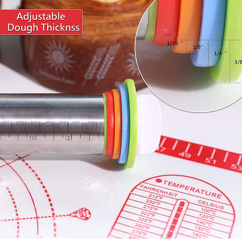 Rolling Pin with Thickness Rings- Adjustable Stainless Steel Roller Guides-Non Stick Dough Roller Pin for Dough Pizza Pie,Pastries and Cookies By Cook's Aid (Rolling Pin)