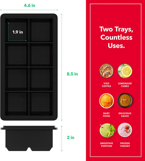 Vremi Stackable Large Ice Cube Trays ” Pack of 2 Silicone Trays ” 8 Cubes per Tray ” Ideal for Cocktails, Frozen Treats, Soups, Sauces, and Baby Food ” BPA Free with Frost Resistant Lids ” Black
