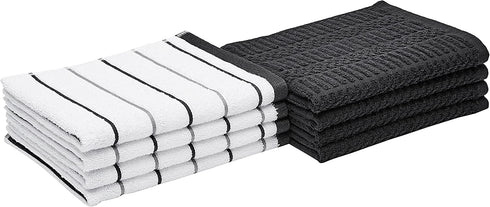 Amazon Basics 100% Cotton Kitchen Dish Towels, 26 x 16-Inch, Absorbent Durable Ringspun Cloth - 8-Pack, Black Stripe