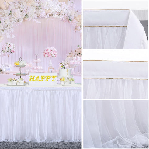 White Table Skirt Baby Shower 6ft Tulle Table Skirting with Gold Brim Round and Rectangle Tutu Table Decoration Table Cloth for Birthday Party,Gender Reveal Wedding(L6(ft), H30in)