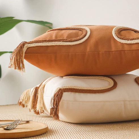 Jonhier Bohemian Throw Pillow Covers, Mid Century Simplicity Square Pillow Case with Fringes, Neutral Textured Cushion Cases, Boho Farmhouse D©cor for Living Room and Bedroom (18'' x 18'', White)
