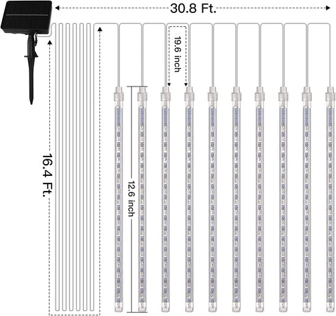 Solar Meteor Shower Lights Outdoor - 10 Tubes 180 LED 30.8 Feet Cascading Falling Rain Lights,Waterproof Warm White Icicle Lights, Solar Christmas Lights for Tree Holiday Party Christmas Patio Decor