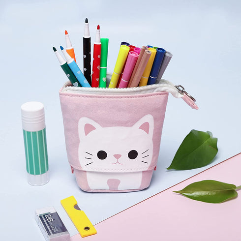 GFPGYQ Standing Pencil Case for Girls, Boba Cat Pop Up Pencil Case Cute Telescopic Pen Pouch Holder Canvas Zip Kawaii, Kids Students Gifts 3 Packs