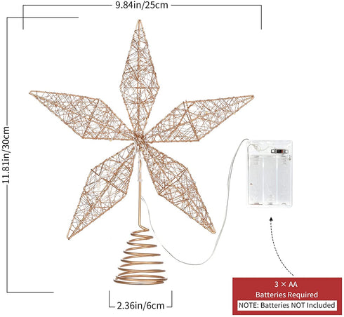 Shinowa 11.8Inch/30cm Christmas Tree Topper, Glittered Star Treetop with 20 LED Lights Battery Operated Christmas Tree Decoration Metal Lighted Xmas Seasonal Festive Party Holiday Home Decor, RoseGold
