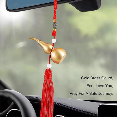 PAKUNDAS Feng Shui Brass Wu Lou Golden Gourd with Red Luck Strip Treasure Pendant for Bedroom,Car Hanging Ornaments,Fortune Protection,Hu Lu Bring Good Luck Safty Success,2.75inch Tall,100% Brass
