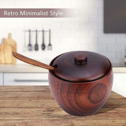 Solid Wood Spice Jar, Sugar Bowl with Spoon and Lid Salt Pepper Seasoning Box for Home Kitchen