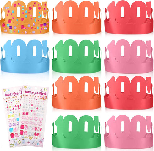 24 Pieces 100 Days Colorful Paper Crowns 6 Colors Adjustable Paper Party Crown with 2 Sheet Crystal Rhinestones Stickers for 100 Days of School Celebration Party Favors, 22.8 x 4.3 inches