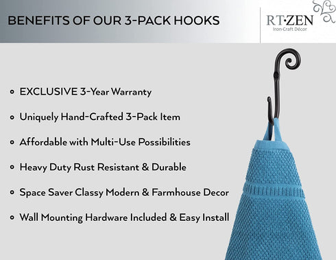 RTZEN Wall Mount J Hook - Wrought Iron Decorative Wall Hooks for Hanging - Handcrafted Classic Wall Mounted Black Coat Hooks - Farmhouse Towel Hooks Robe Hooks or Hat Hooks - 3 Pack