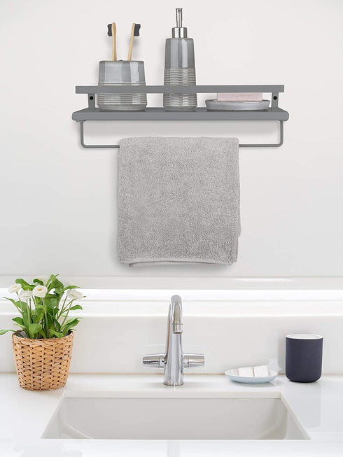 Peter's Goods Modern Floating Shelves with Rail - Wall Mounted Bathroom Wall Shelves with Towel Bar - Also Perfect for Bedroom Decor, Office and Kitchen Storage - Solid Pine Wood Shelf Set of 2 (Grey)