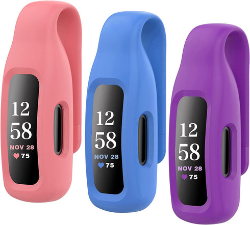 HSWAI 3-Pack Clips Replacement for Fitbit Inspire 2/Fitbit Inspire 3, Soft Comfortable Silicone Clip 360°Protection Holder Accessory Compatible with Fibit Inspire 2/3?Official Red/Blue/Purple