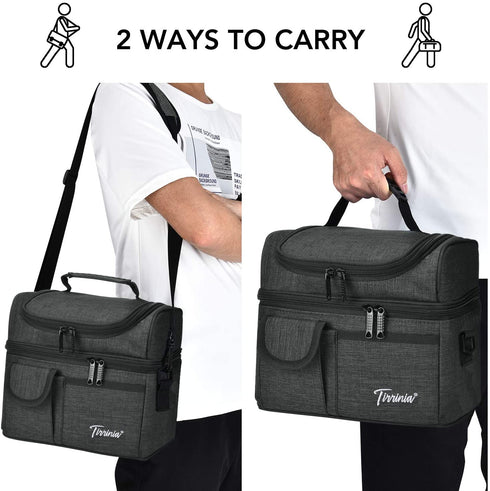 Tirrinia Insulated Lunch Bag, Leakproof Thermal Bento Cooler Tote for Women and Men, Dual Compartment with Shoulder Strap, 10.3" x 7.5" x 8.6", Black