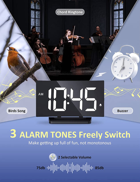 Digital Alarm Clock for Bedrooms, Bedside Clock with 6 Levels of Brightness, Snooze, Adjustable Volume and 3 Alarm Sounds, 12/24Hr, Easy to Set, Curved Design, Compact Desk Clock for Bedroom Decor