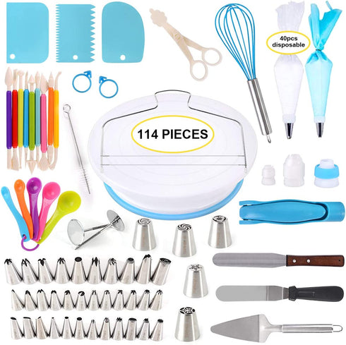 114 Pieces Cake Decorating Supplies Kit for Beginners, Cupcake Decorating Tools Baking Supplies Set for Kids and Adults, Cake Turntable Stands, Piping Tips & Bags, Icing Smoother & Spatulas