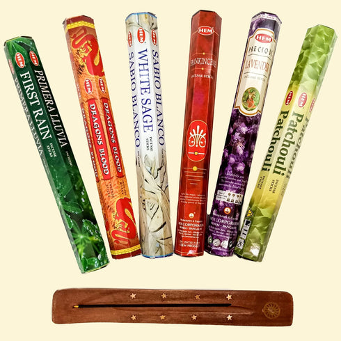 Hem Premium Incense & Incense Holders Set - (120 Incense Sticks, 6 Scents + Free Holder) | Lavender Incense, Dragons Blood, First Rain, Patchouli Incense, Frankincense Incense & White Sage Incense