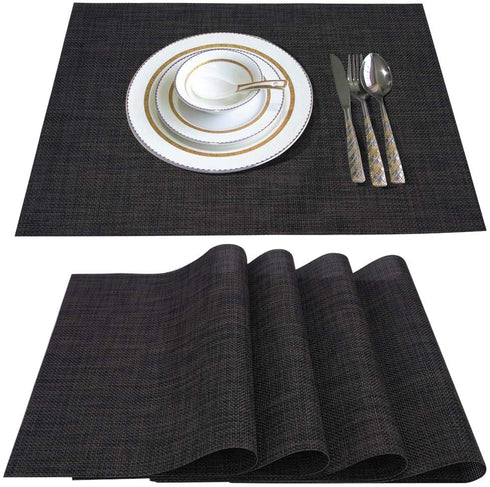 Placemats Set of 4 Jolumros Place Mats for Dining Table Non-Slip Heat Resistant Washable Woven Vinyl Place Mats for Kitchen Decor Insulation Table Mats(Black)