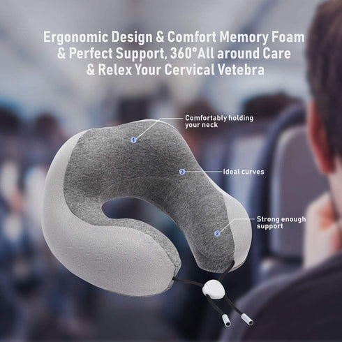 Phixnozar Memory Foam Travel Pillow Neck Pillow, Ideal for Airplane Travel Comfortable and Lightweight Improved Support Design Machine Washable Cover Must-Have Travel Accessories