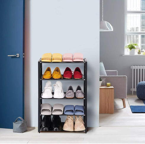 NiHome 5-Tier Shoe Rack Stackable and Adjustable Lightweight Space Saving Metal Shoe Organizer, Small 10 Pairs Shoe Storage Shelf Free Standing for Closet Hallway Entryway Living Room Bedroom (Black)