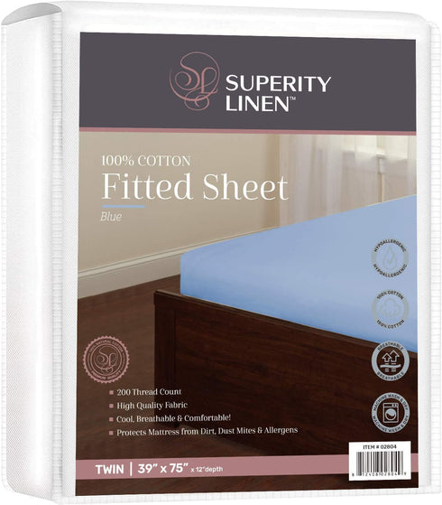 Superity Linen Fitted Sheet, 100% Cotton 200 Thread Count, Cool Breathable and Comfortable,Machine Wash and Dry (Twin 39x75, Blue)